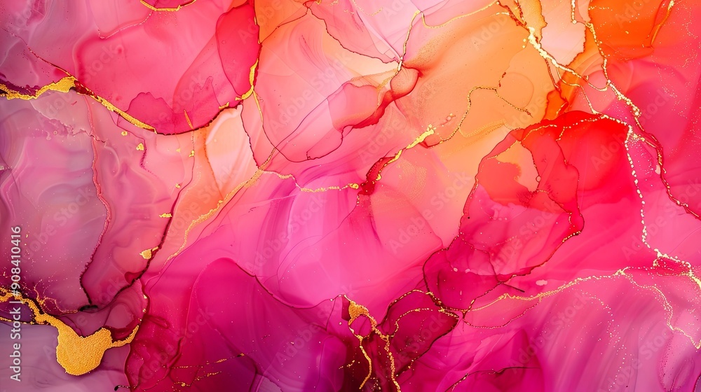 Crimson Alcohol Ink Art, Abstract Splashes with Golden Cracks, Vibrant Abstract Painting on Canvas. Crimson Alcohol Ink Art, Abstract Splashes with Golden Cracks, Vibrant Abstract Painting on Canvas.