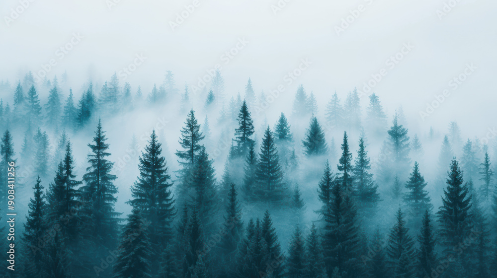 Fototapeta premium Misty coniferous forest with tall trees shrouded in a dense blanket of fog, creating a tranquil and mysterious landscape in shades of blue and green.