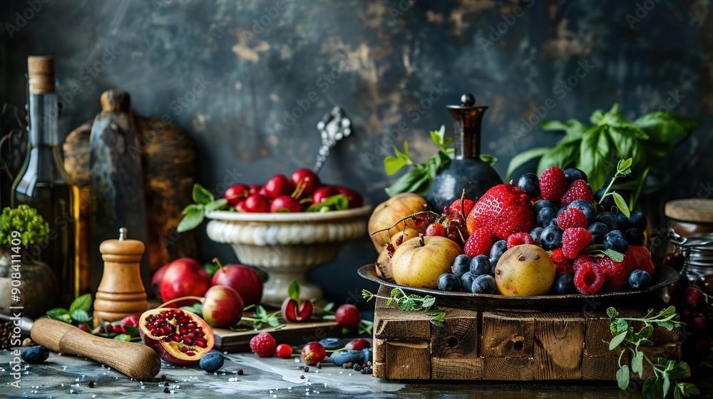 Still Life Photography of Fresh Fruit and Berries on Rustic Wooden Surface Still Life Photography of Fresh Fruit and Berries on Rustic Wooden Surface