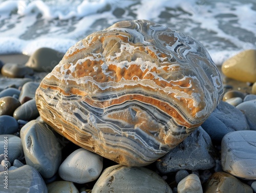 Coastal beach stone with wave patterns and sea erosion photo