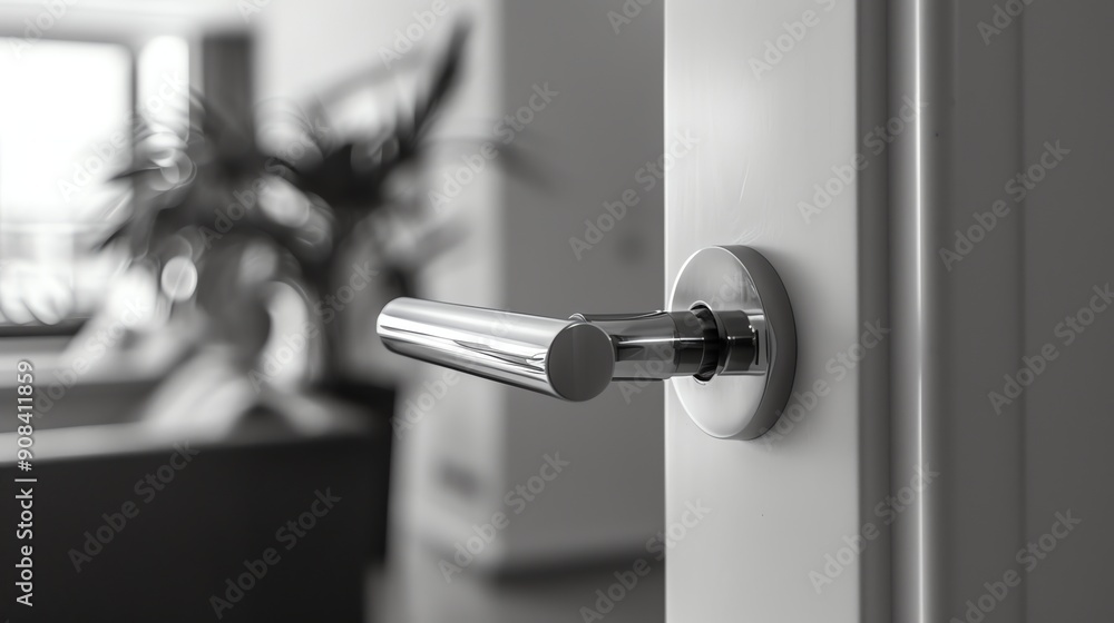 A modern, chrome door handle on a white door. A modern, chrome door handle on a white door.
