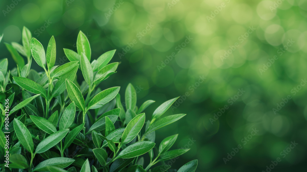 Fototapeta premium Fresh green leaves with a blurred nature background, bokeh effect creating a tranquil, serene setting, ideal for spring or summer themes.