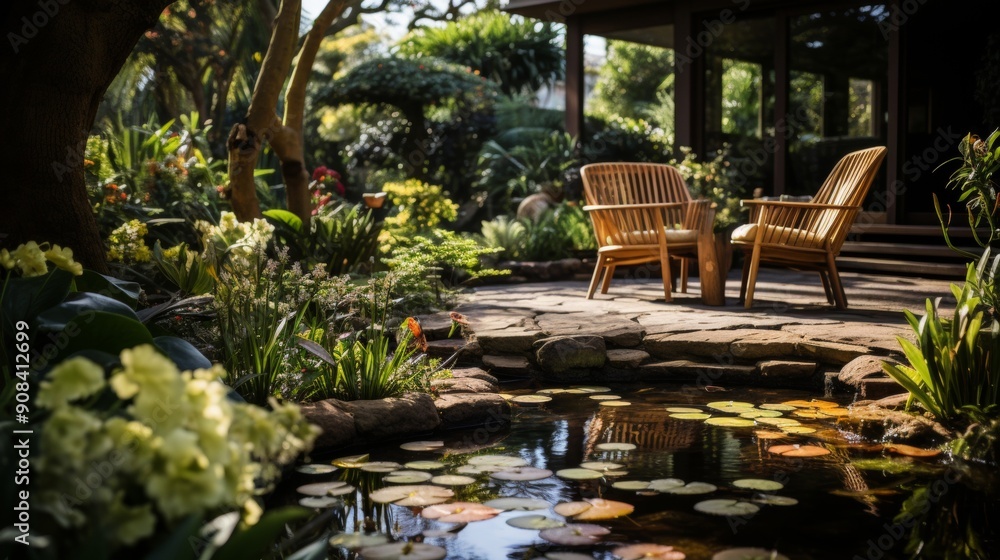 Obraz premium Serene garden with wooden chairs by a pond.