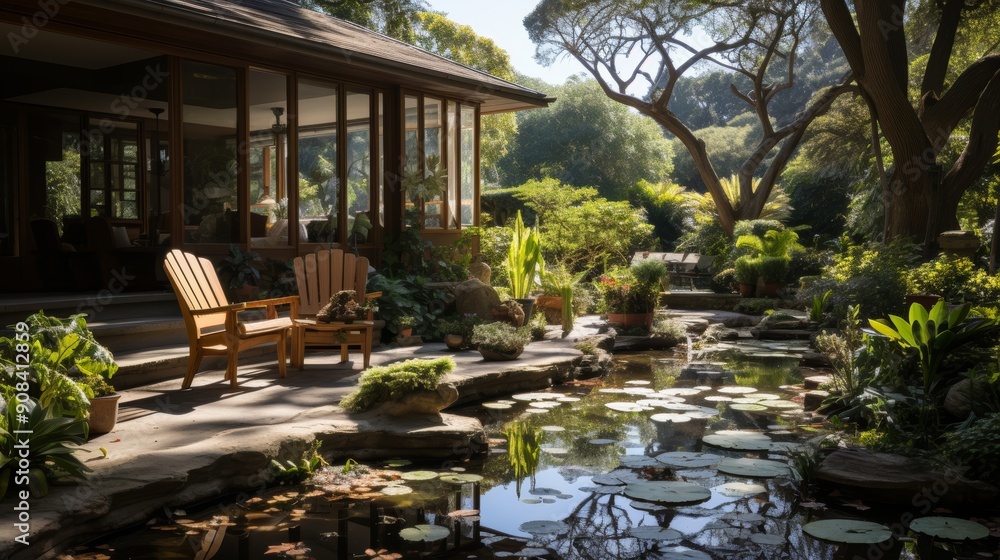 Obraz premium Serene garden with wooden chairs by a pond.