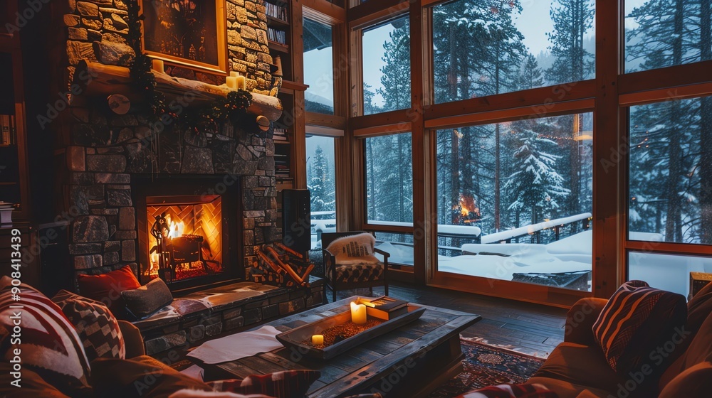 A cozy living room with a fireplace and large windows overlooking a snowy forest. A cozy living room with a fireplace and large windows overlooking a snowy forest.