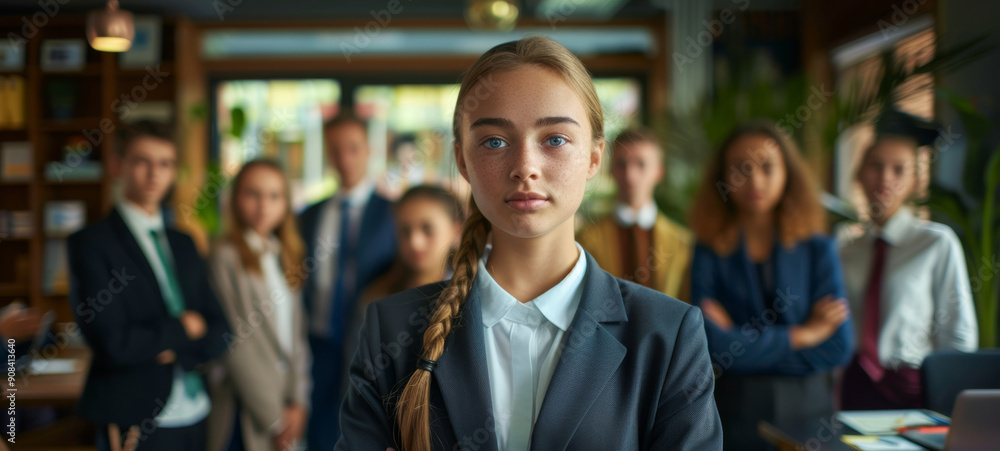 Young Girl in professional attire standing in an office, looking confident. Their serious expressions and the modern setting reflect their focus on future success and leadership. Young Girl in professional attire standing in an office, looking confident. Their serious expressions and the modern setting reflect their focus on future success and leadership.