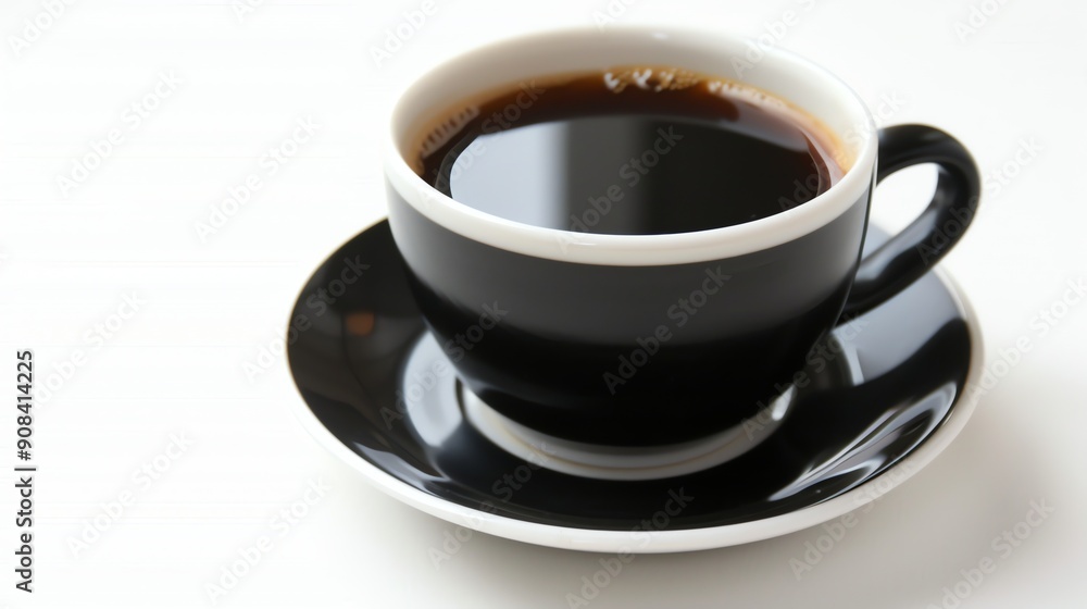 A black cup of coffee with a white rim on a black saucer.
