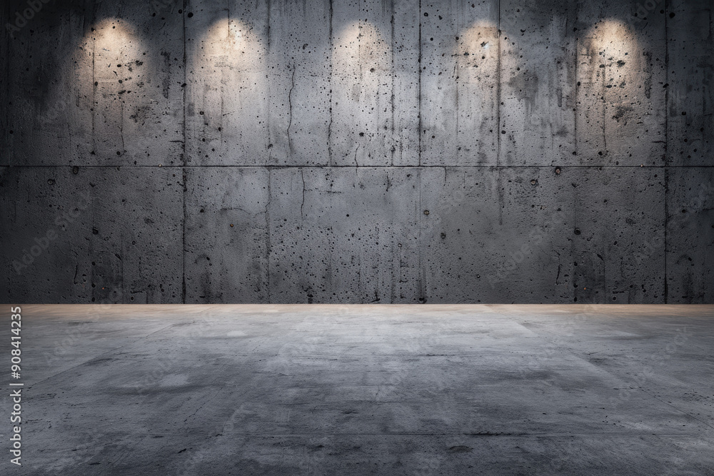 Empty modern concrete room with textured gray walls and floors, illuminated by spotlights, creating a minimalist industrial aesthetic. Empty modern concrete room with textured gray walls and floors, illuminated by spotlights, creating a minimalist industrial aesthetic.