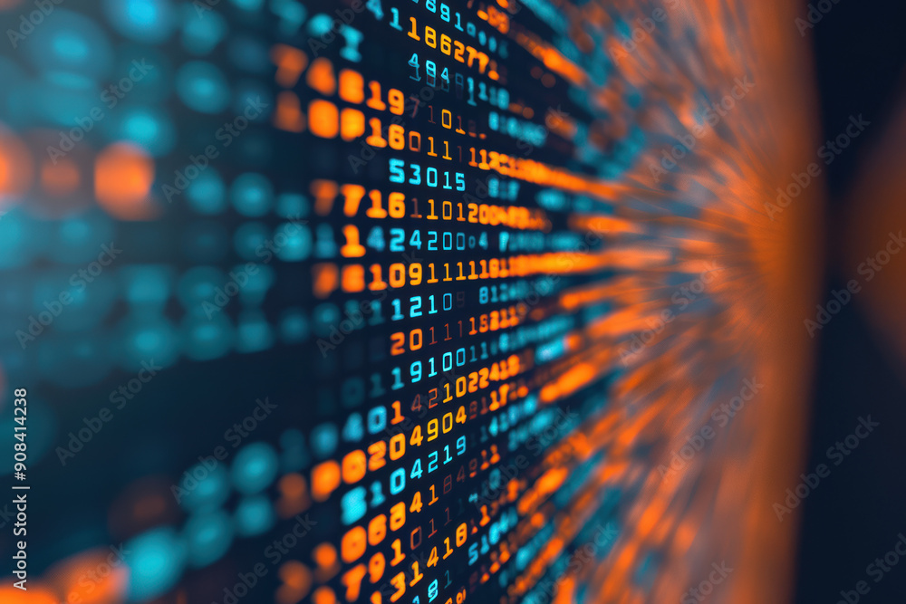 Abstract close-up of digital data code in a field, depicting information technology and cyber security concepts with blue and orange colors. Abstract close-up of digital data code in a field, depicting information technology and cyber security concepts with blue and orange colors.