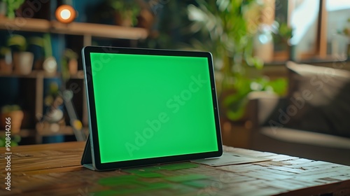 Digital tablet with green screen on the desk in the office : Generative AI