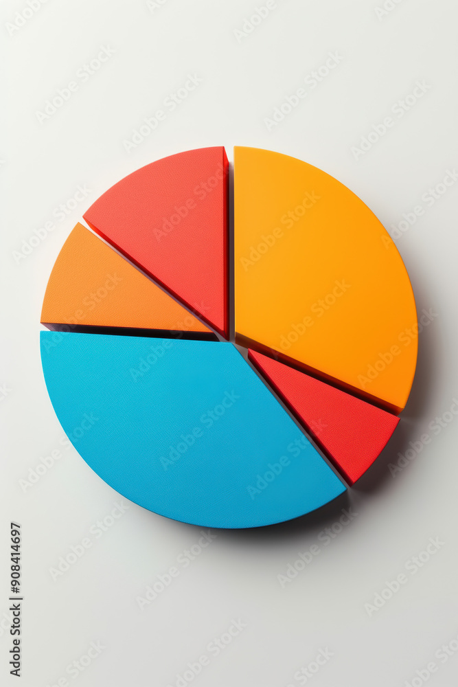 Fototapeta premium Colorful pie chart with four segments in orange, red, and blue on a white background, representing business data visualization and financial analysis.