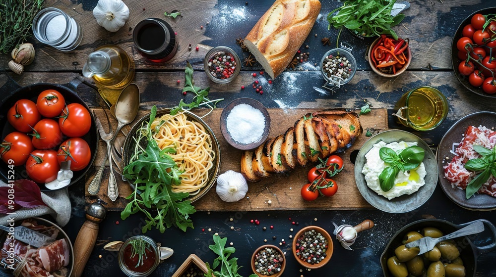 Italian Food Table Top View, Rustic Wooden Table Background with Various Dishes, Ingredients and Decoration Italian Food Table Top View, Rustic Wooden Table Background with Various Dishes, Ingredients and Decoration