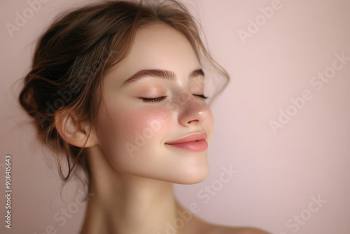 A close up of a girl's face with her eyes closed