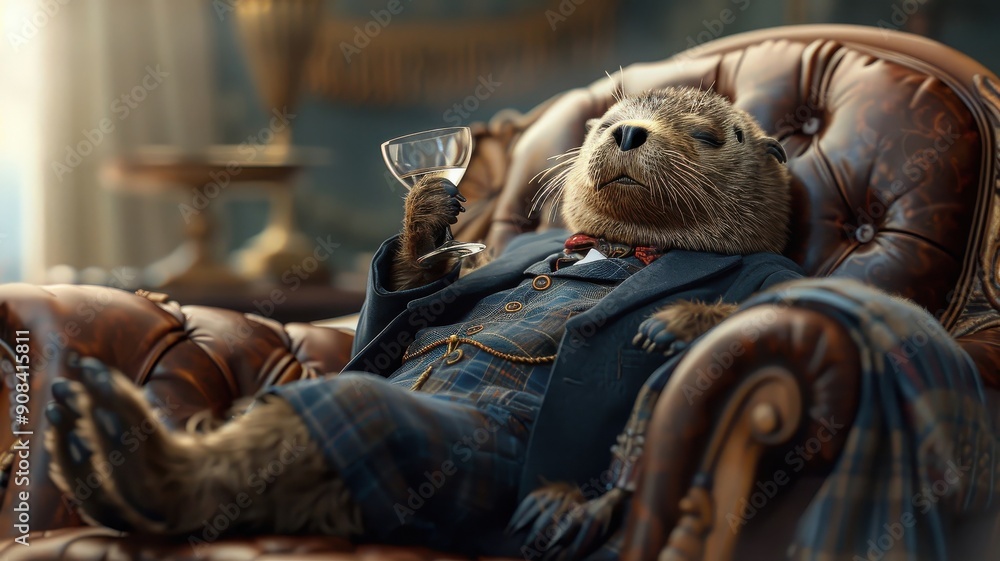 Obraz premium Dapper seal in tuxedo balancing martini glass on nose.