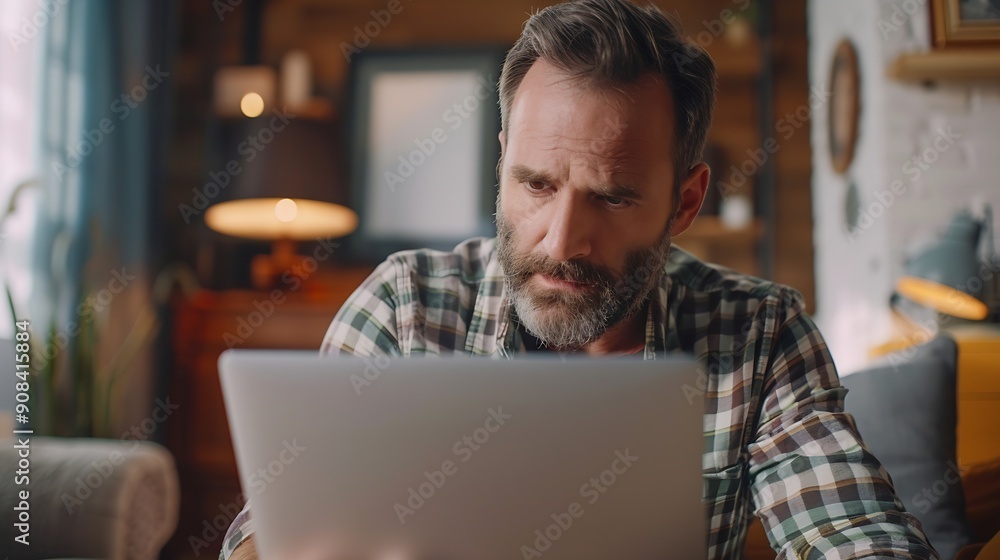 one man adult caucasian male with beard work on his laptop computer at home solve problem freelance entrepreneur or remote work concept : Generative AI one man adult caucasian male with beard work on his laptop computer at home solve problem freelance entrepreneur or remote work concept : Generative AI