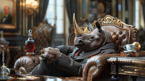 Distinguished rhinoceros in tailored suit in art gallery. photo