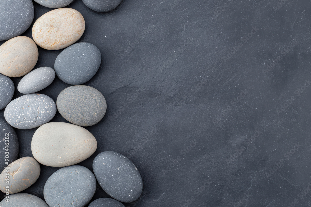 Smooth, assorted river stones arranged on a dark slate background, offering a minimalist and calming natural aesthetic. Smooth, assorted river stones arranged on a dark slate background, offering a minimalist and calming natural aesthetic.