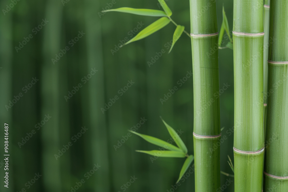 Naklejka premium Close-up view of vibrant green bamboo stalks with fresh leaves, conveying a sense of tranquility and nature.