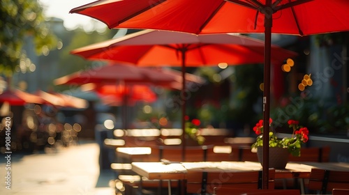 Large sun umbrellas in a street restaurant on a sunny day : Generative AI