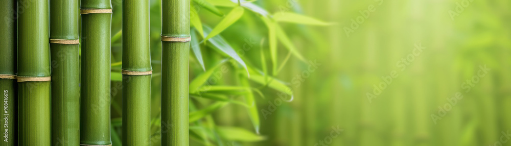 Close-up of vibrant green bamboo stalks with lush leaves in a serene, natural setting. Perfect for eco-friendly or nature-themed designs. Close-up of vibrant green bamboo stalks with lush leaves in a serene, natural setting. Perfect for eco-friendly or nature-themed designs.