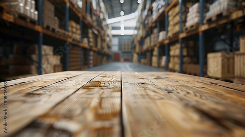 The empty wooden table top with blur background of warehouse storage Exuberant image : Generative AI