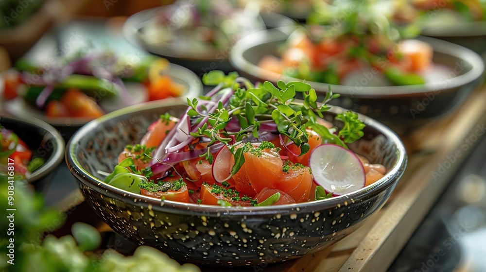 Salmon Salad in Black Bowl - Food Photography Salmon Salad in Black Bowl - Food Photography