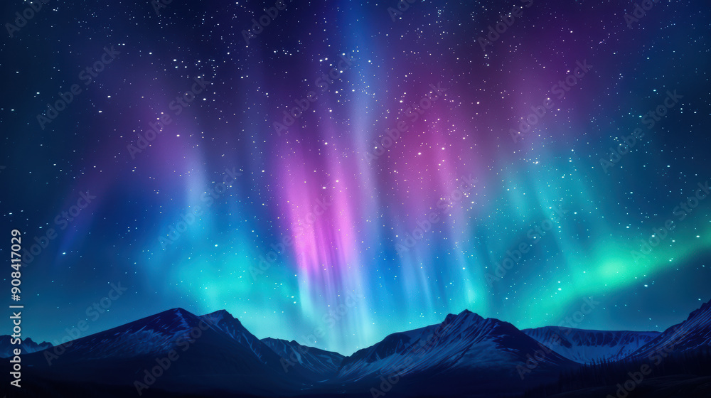 Obraz premium A breathtaking aurora borealis lights up the night sky with vibrant colors over snowy mountains, creating a mesmerizing natural phenomenon.