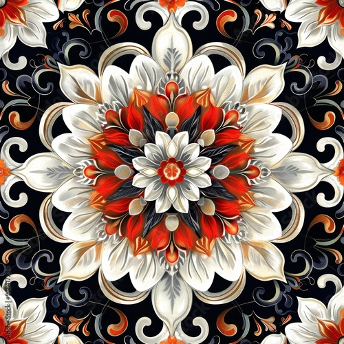 Floral Mandala with Red and White Motifs
