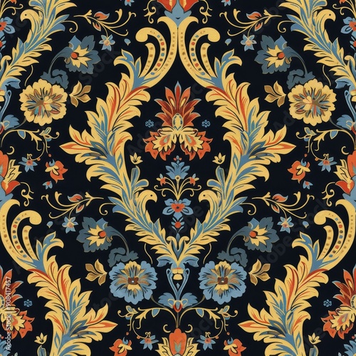 Damask Floral Pattern in Yellow and Blue Tones