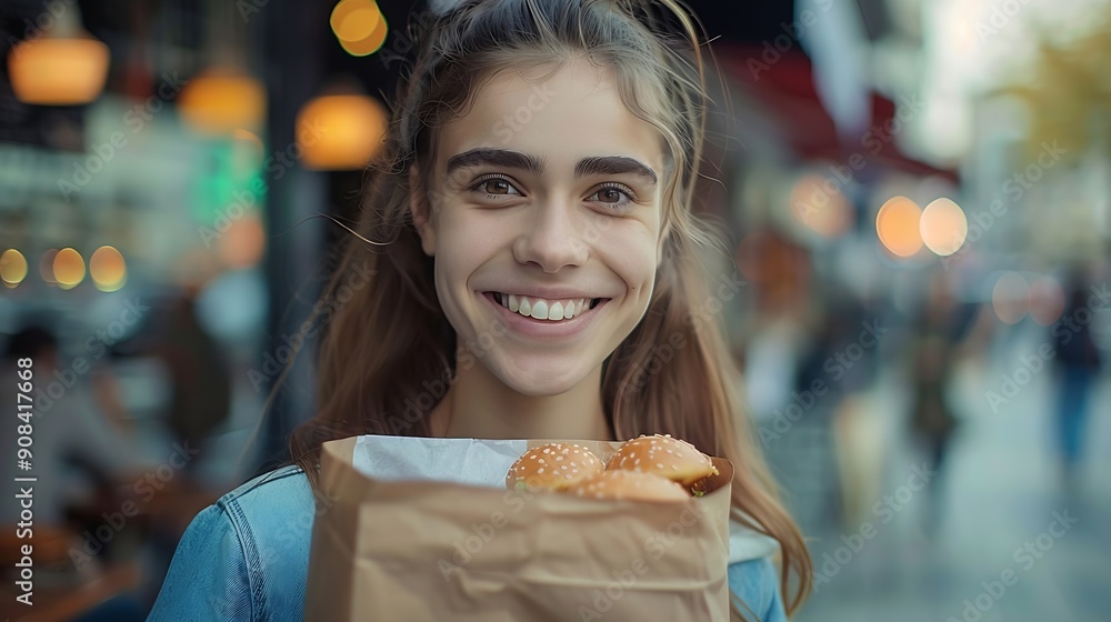 A beautiful happy girl came out of the cafe with a package of readymade takeaway food People with fast food on the street : Generative AI A beautiful happy girl came out of the cafe with a package of readymade takeaway food People with fast food on the street : Generative AI