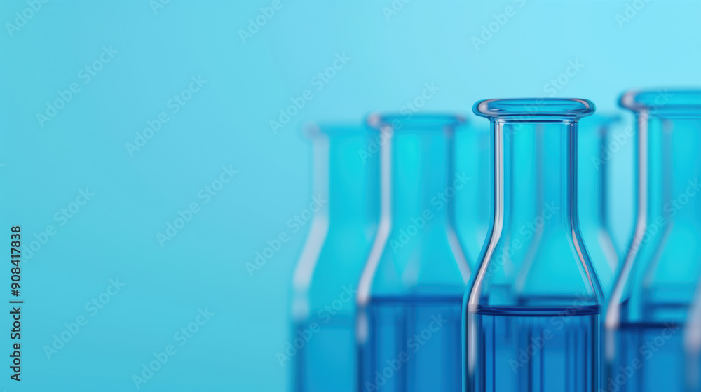 Close-up image of empty laboratory glassware against a blue background, showcasing clean glass test tubes in a modern scientific setting. Close-up image of empty laboratory glassware against a blue background, showcasing clean glass test tubes in a modern scientific setting.