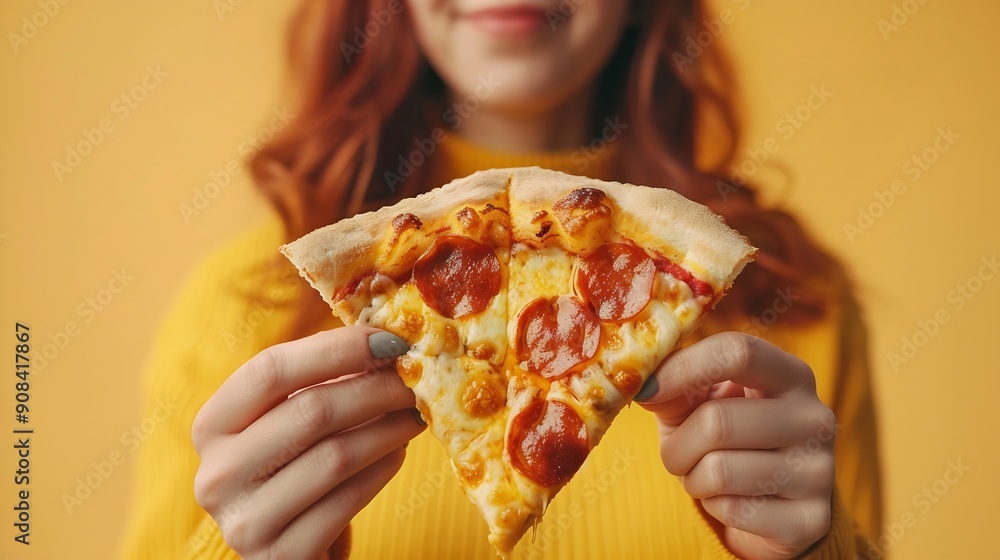 Woman holding slice of tasty pizza on yellow background : Generative AI Woman holding slice of tasty pizza on yellow background : Generative AI
