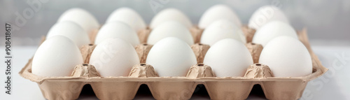 A dozen fresh white eggs neatly arranged in a cardboard carton on a light background. Perfect for culinary, raw ingredients, or grocery concepts. photo