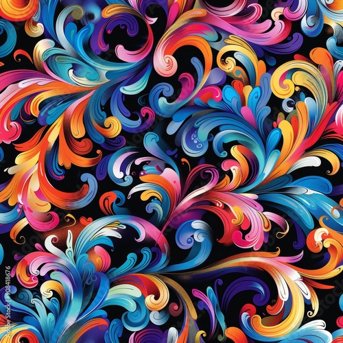 Vibrant Floral Pattern with Swirls and Black Background