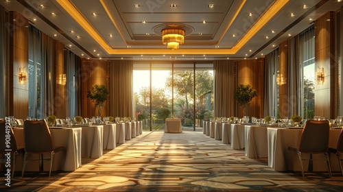 Elegant Banquet Hall with Sunlight Streaming Through Large Windows
