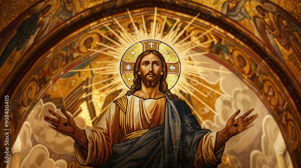 Naklejka premium A mosaic of Jesus Christ, compassionate expression, open arms, with a church interior background