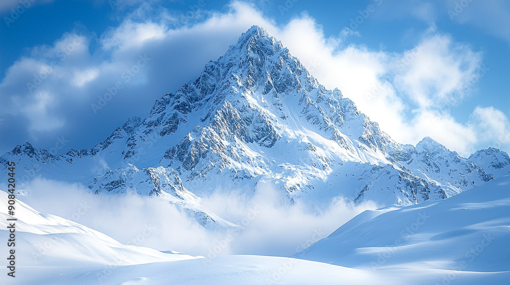 Obraz premium A mountain covered in snow with a cloudy sky in the background
