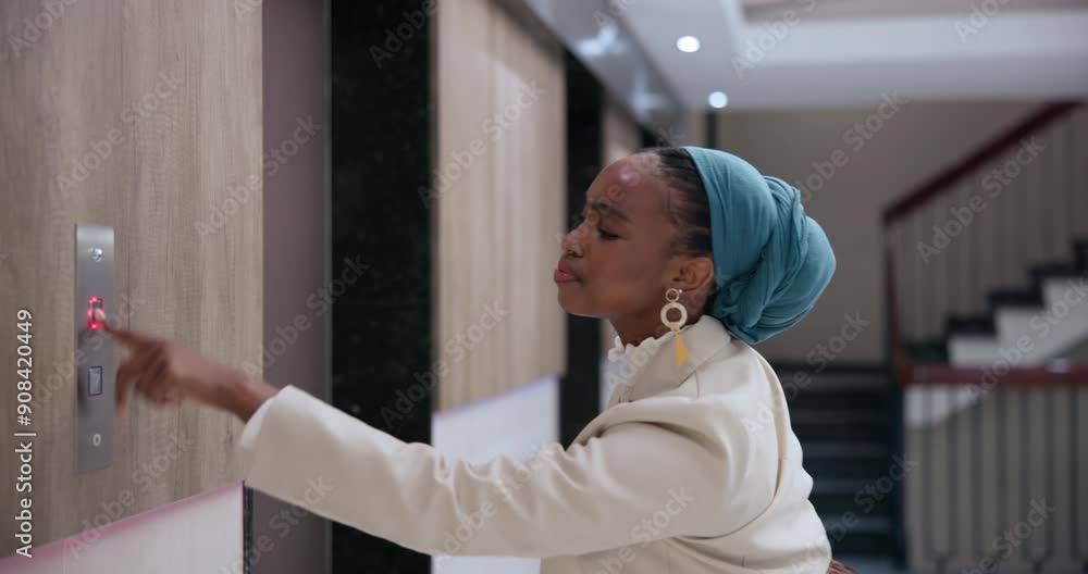 Business, woman and waiting for button by elevator for activating or lift usage and request floor in office building. Female person, worker and late in morning by workplace for management career. Business, woman and waiting for button by elevator for activating or lift usage and request floor in office building. Female person, worker and late in morning by workplace for management career.