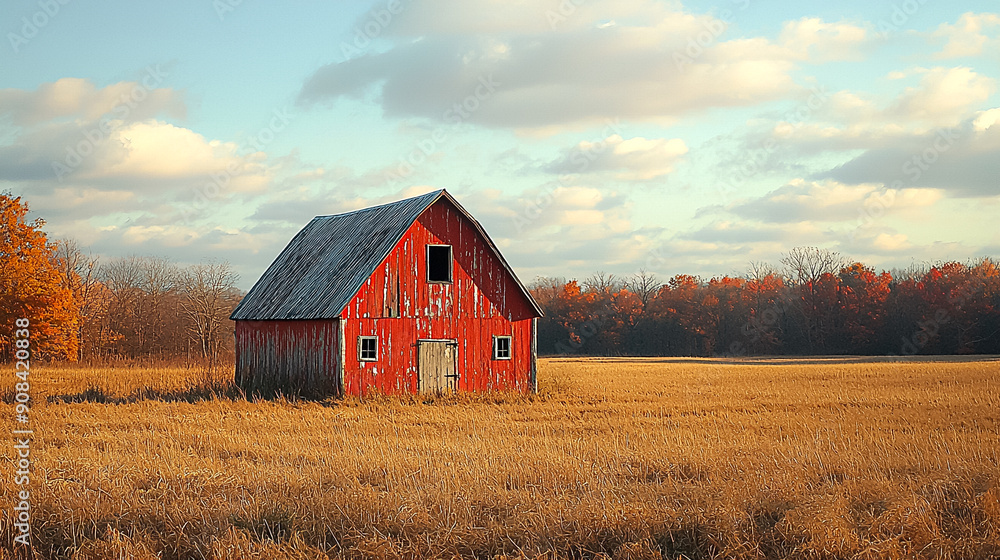 A red barn sits in a field of tall grass A red barn sits in a field of tall grass