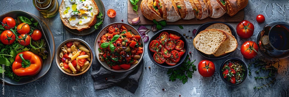 Italian Food Photography: Fresh Tomatoes, Pasta Salad, and Bread on a Rustic Background Italian Food Photography: Fresh Tomatoes, Pasta Salad, and Bread on a Rustic Background