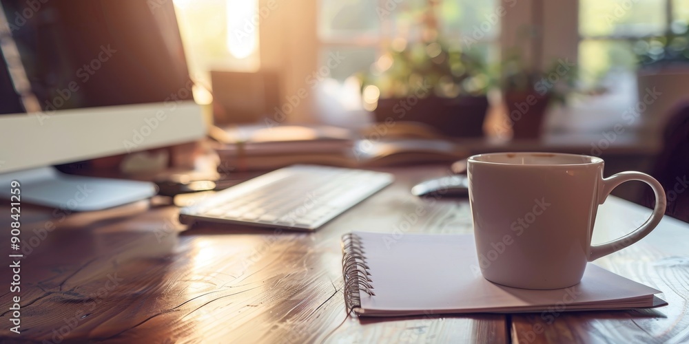 A high-resolution photo of a clean, organized desk with a computer, coffee cup, and planner, soft colors A high-resolution photo of a clean, organized desk with a computer, coffee cup, and planner, soft colors
