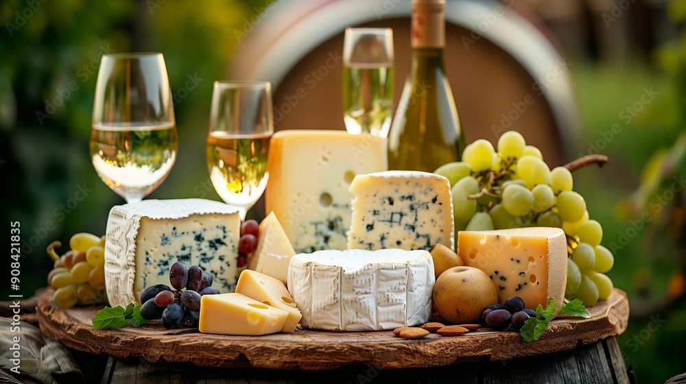 Various cheese on board red and white wine With copy space : Generative AI Various cheese on board red and white wine With copy space : Generative AI