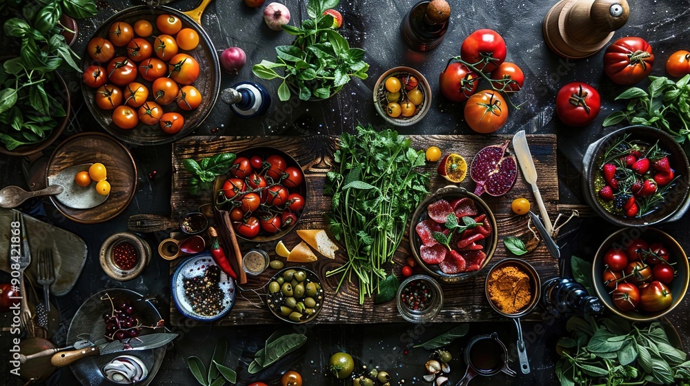 Naklejka premium Food Photography Still Life with Tomatoes, Herbs, and Spices - Realistic Food Photography