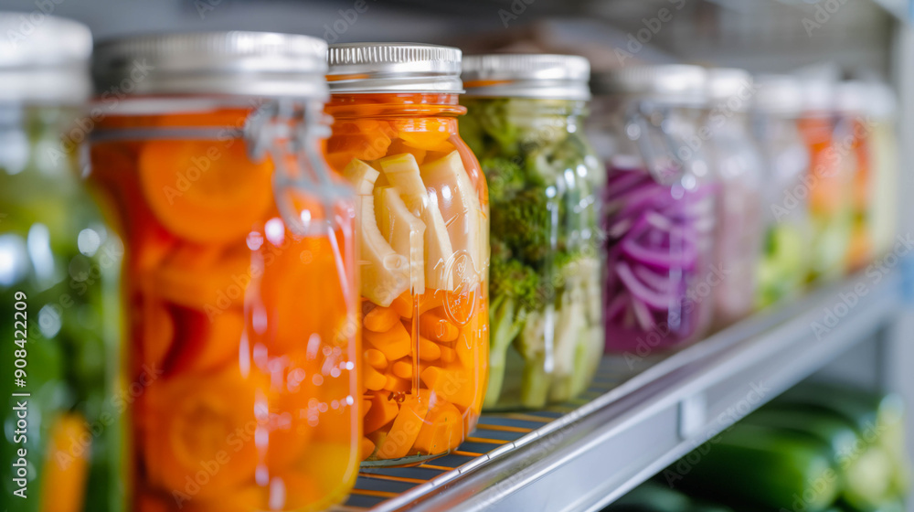 Colorful Preserved Vegetables in Glass Jars on Shelf Colorful Preserved Vegetables in Glass Jars on Shelf