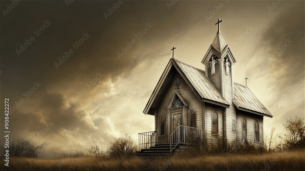 Illustration of a small church on a hill Illustration of a small church on a hill