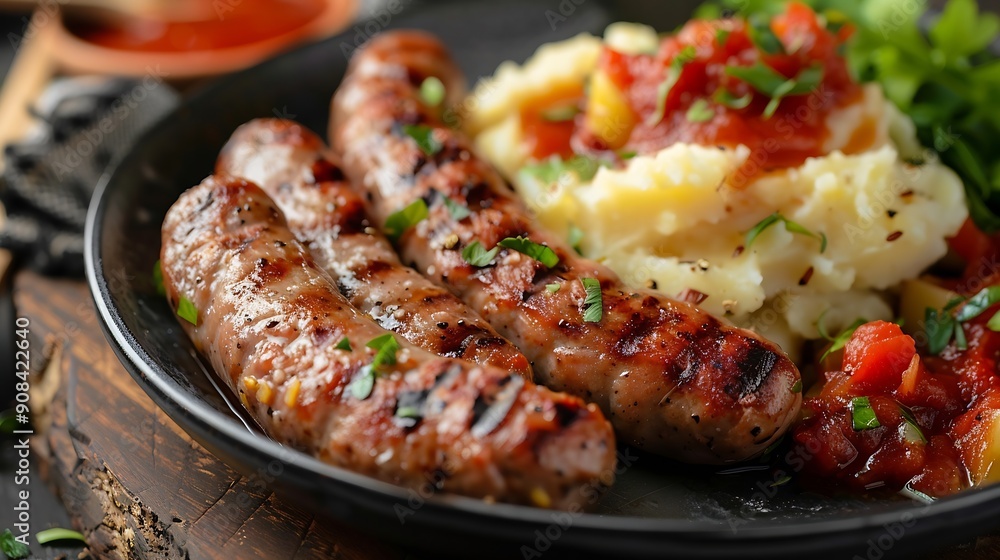 Devilled Sausages with mashed potato spiced tomato and apple sauce : Generative AI Devilled Sausages with mashed potato spiced tomato and apple sauce : Generative AI