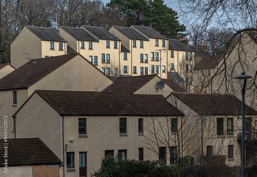 Picturesque view of Flats or Apartment buildings in the Damside area of Dean Village. Tenement houses, Copy space, Selective focus.