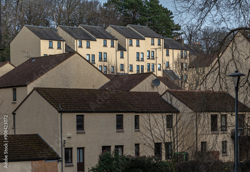 Obraz na płótnie Picturesque view of Flats or Apartment buildings in the Damside area of Dean Village. Tenement houses, Copy space, Selective focus. w salonie