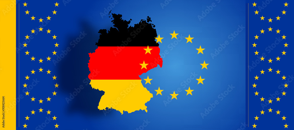 Obraz premium creative abstract flag of the European Union, EU Europe with the simplified outline map of Germany with deep dark shadow as 3d-illustration