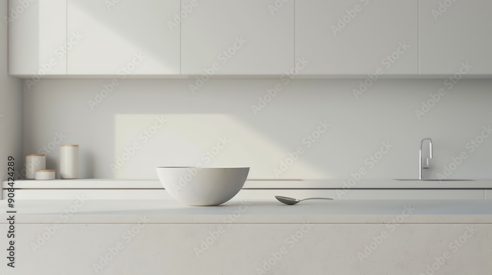A white bowl with a spoon on a white counter with a kitchen in the background. A white bowl with a spoon on a white counter with a kitchen in the background.